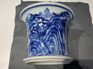 A fine Chinese blue, white and copper red 'Master of the Rocks' brush pot, Kangxi
